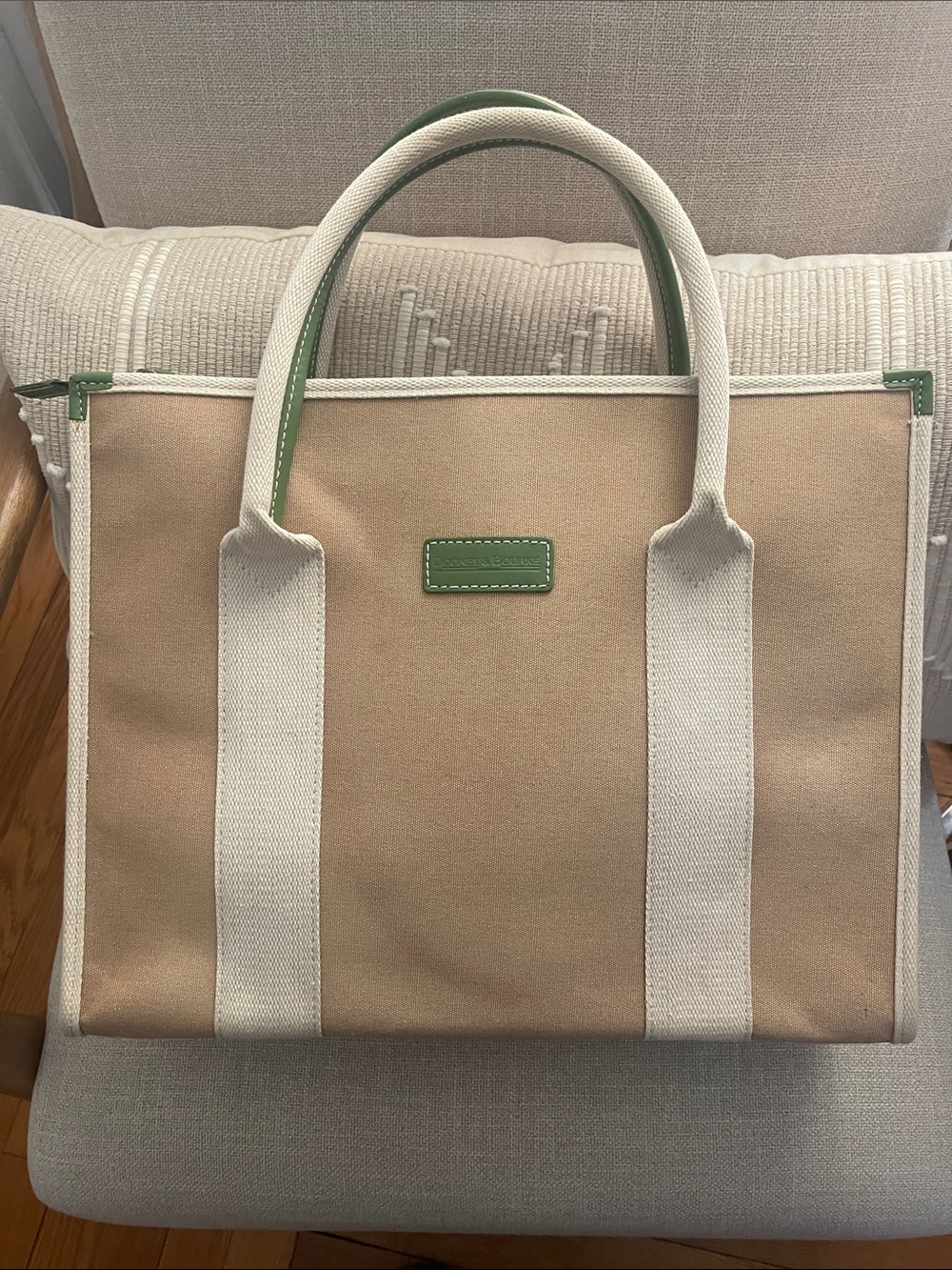 Rare Dooney & Bourke Neutral Canvas Laptop Bag with Green Leather Trim